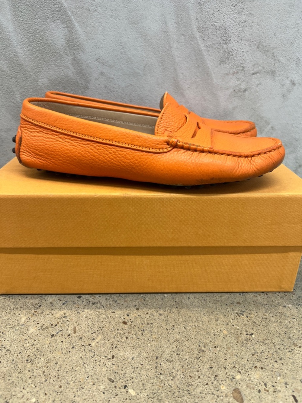 Tod's Orange Pebbled Leather Penny Loafers
